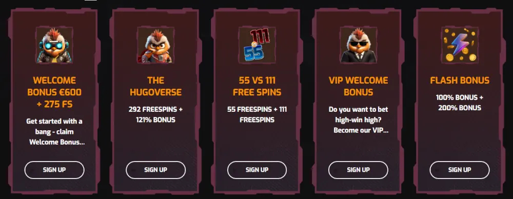 Hugo Casino promotionsgitter, der viser forskellige velkomst- og genindbetalingsbonusser.